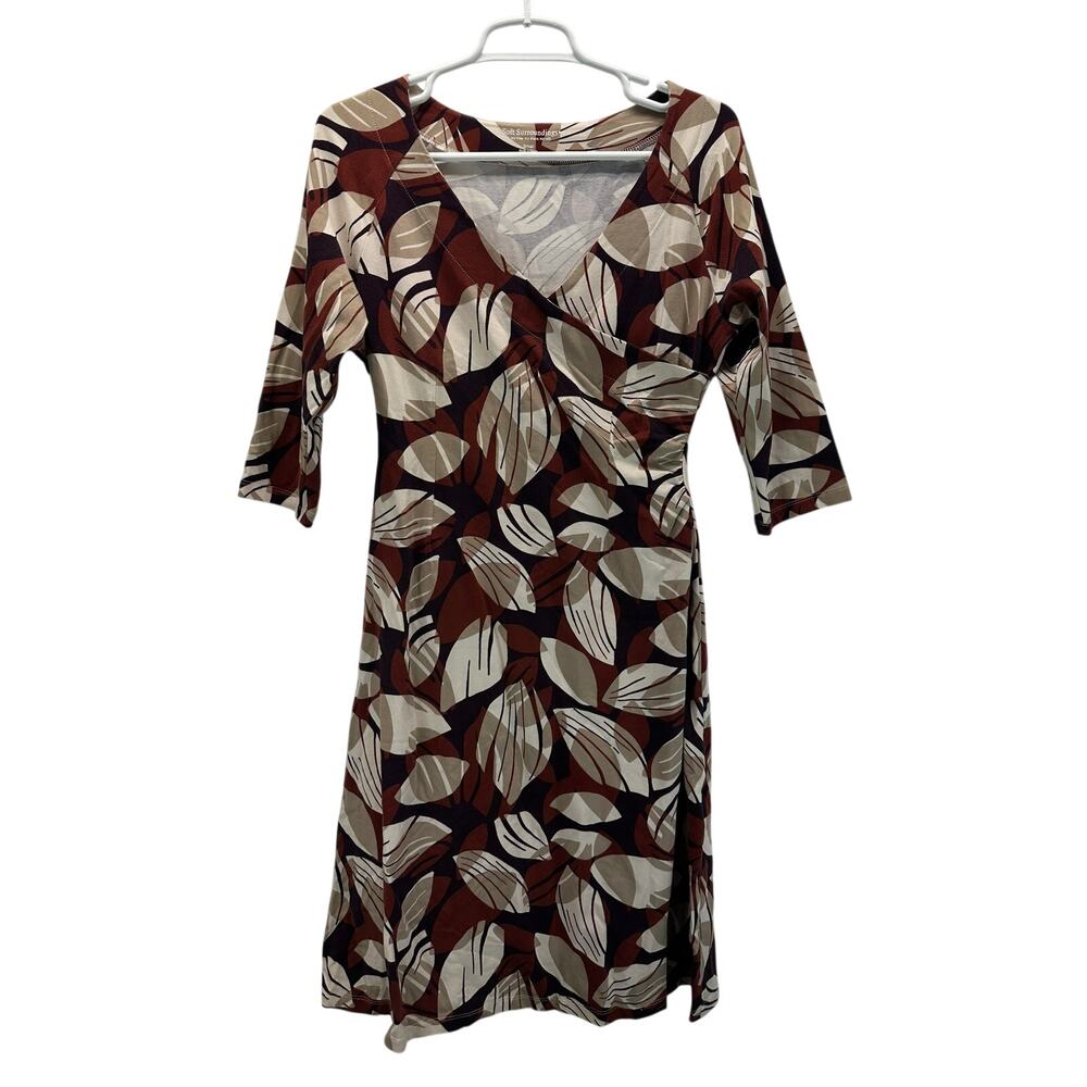Soft Surroundings Brown Leaf Faux Wrap 3/4 Sleeve Dress Small